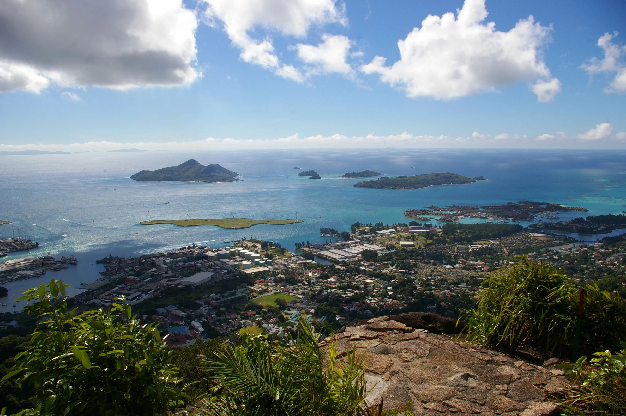 Coastal town and offshore islands from a viewpoint