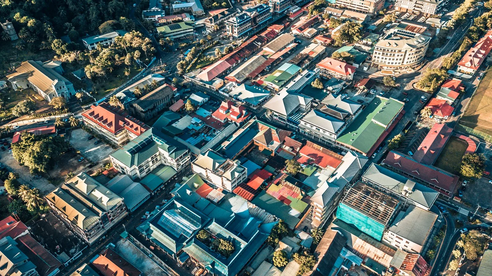 Aerial view of buildings in Victoria, Seychelles